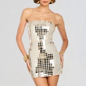 Retrofete Kailedo Embellished Mirror Strapless Mini Dress Ballerina Gold Silver